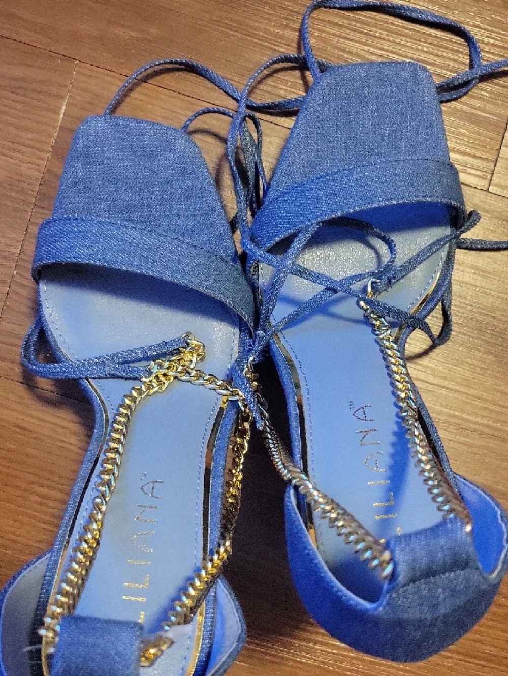 Liliana Royal Blue Lace-Up Heeled Sandals with Gold Chain Detail - Picture 3 of 5